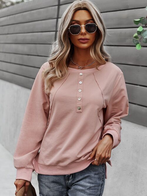 Half Button Front Sweater-Pink