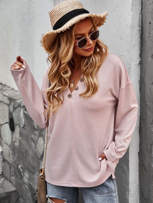 V Neck Contrast Button Sweater-Pink