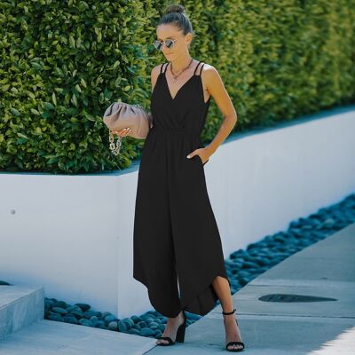 Asymmetric Hem Strappy Jumpsuit-Black