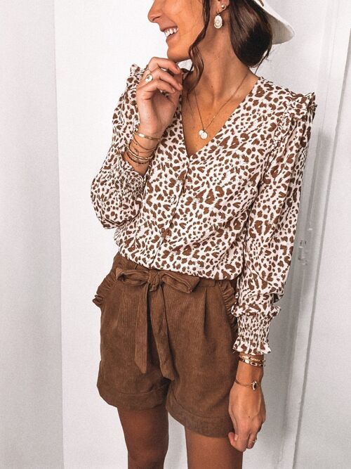 Ruffle Shoulder Animal Print Blouse-White