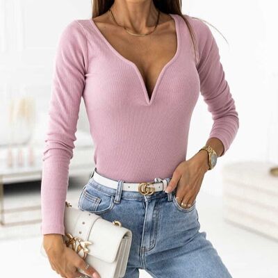 Solid Plunge Neck Blouse-Pink