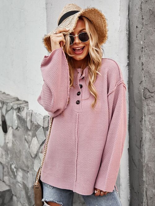 Contrast Half Button Textured Knit Sweater-Pink