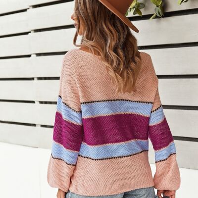 Boat Neck Striped Sweater-Pink