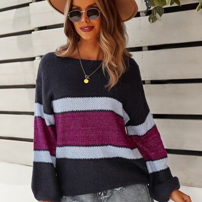 Boat Neck Striped Sweater-Black