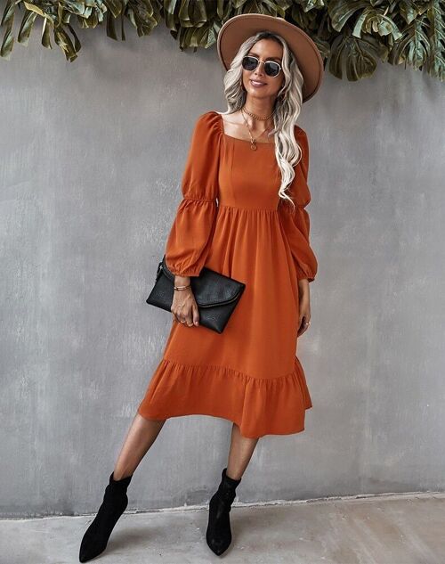 Straight Neck Double Puff Sleeve Dress-Orange