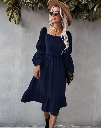 Robe à col droit et manches double bouffantes-Bleu 2