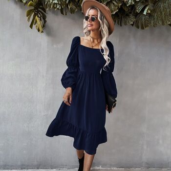 Robe à col droit et manches double bouffantes-Bleu 3