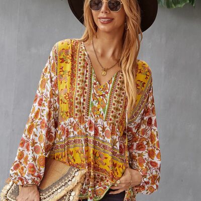 V Neck Boho Floral Blouse-Yellow