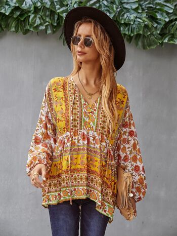 Chemisier Boho Floral Col V-Jaune 3