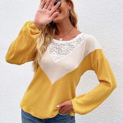 Lace Detail Waffle Knit Sweater-Yellow