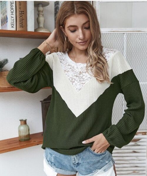 Lace Detail Waffle Knit Sweater-Dark Green