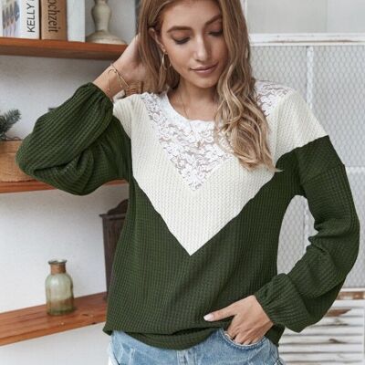Lace Detail Waffle Knit Sweater-Dark Green