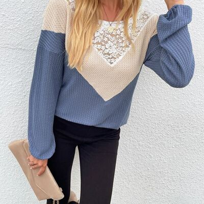 Lace Detail Waffle Knit Sweater-Blue