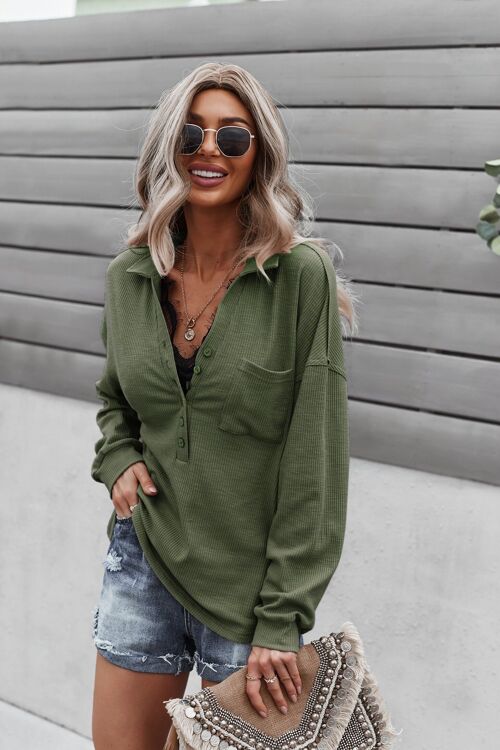 Ribbed Knit Drop Shoulder Sweater-Green