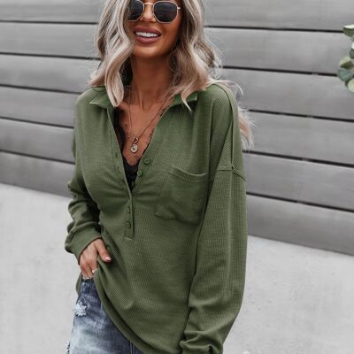 Ribbed Knit Drop Shoulder Sweater-Green