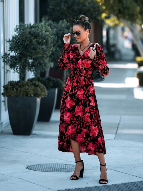 Surplice Neck Floral Wrap Dress-Red