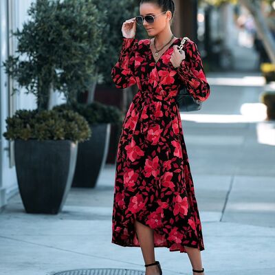 Surplice Neck Floral Wrap Dress-Red