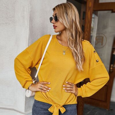 Contrast Button Shoulder Detail Sweater-Yellow