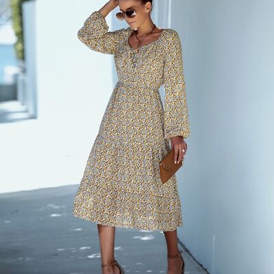 Ribbon Neck Printed Dress-Yellow