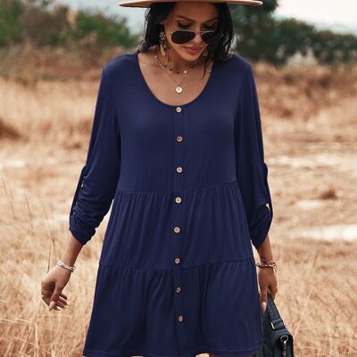 Button Down Tiered Shift Dress-Navy