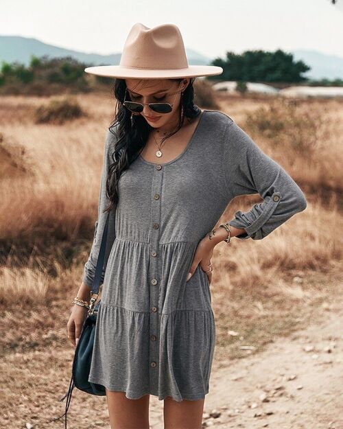 Button Down Tiered Shift Dress-Gray