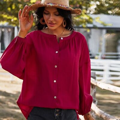 Button Down Gathered Cuff Blouse-Red