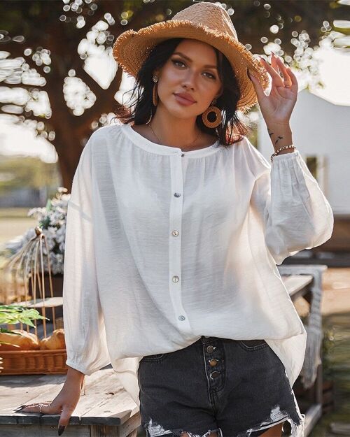 Button Down Gathered Cuff Blouse-White