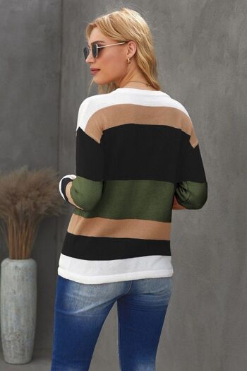 Pull d'automne rayé à blocs de couleurs-Vert olive 3