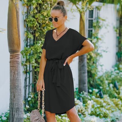 V Neck Belted T-Shirt Dress-Black