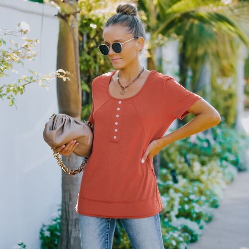 Faux Button Front T-Shirt-Rustic Red