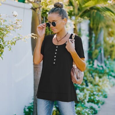 Faux Button Front T-Shirt-Black