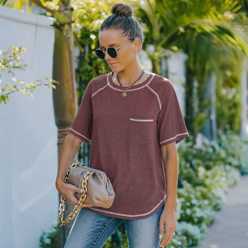 Contrast Stitch Patch Pocket T-Shirt-Burgundy