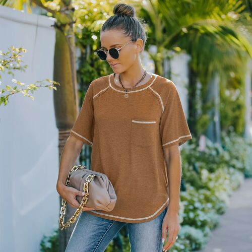 Contrast Stitch Patch Pocket T-Shirt-Khaki