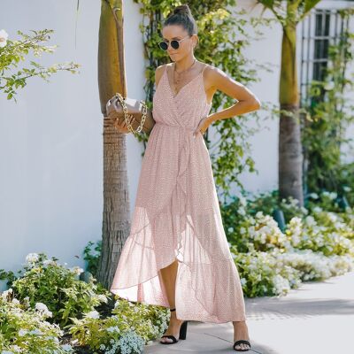Printed Asymmetrical Hem Wrap Style Dress-Pink