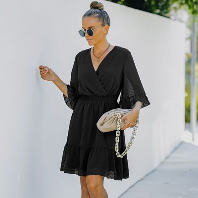 Swiss Dot Sheer Sleeve Dress-Black