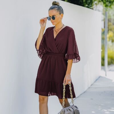 Swiss Dot Sheer Sleeve Dress-Burgundy