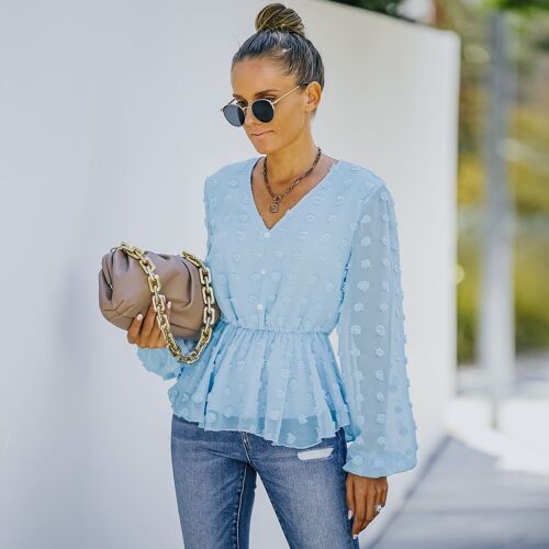 Clip Dot Peplum Blouse-Blue