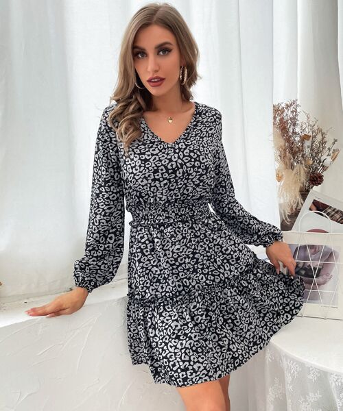 Shirred Waist Leopard Print Dress-Black