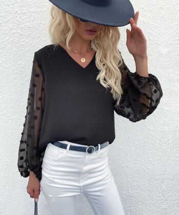 Clip Dot Sheer Sleeve Blouse-Noir 1