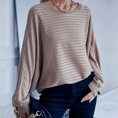 Striped Knit Loose Fit Sweater-Khaki