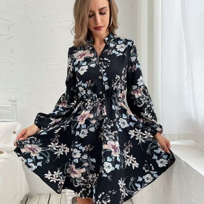 Kleid mit Vintage-Kragen und Blumendruck-Schwarz