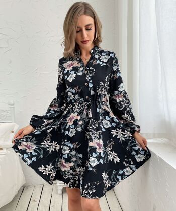 Robe à imprimé floral à col vintage-Noir 1