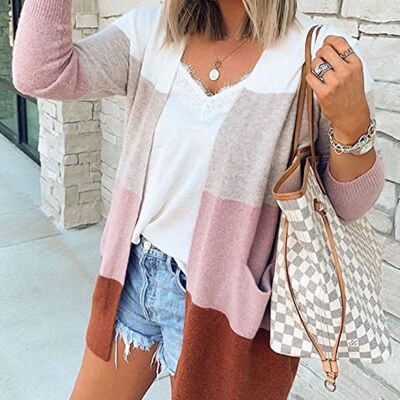 Multicolor Striped Open Front Cardigan-Mauve Pink