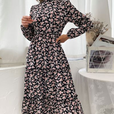 Robe vintage à col haut et volants-Noir