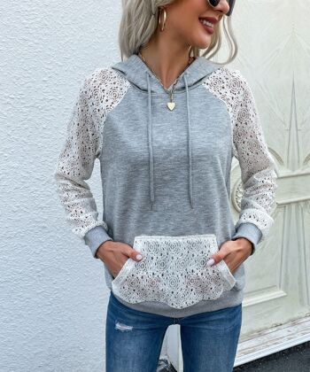 Sweat à capuche avec détail en dentelle bicolore-Gris 5