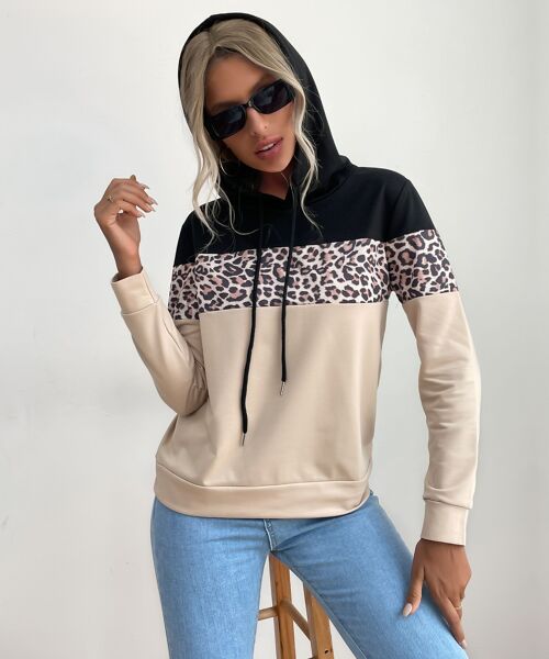 Triple Tone Leopard Print Hoodie-Beige