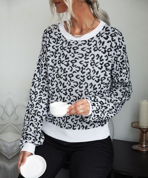Leopard Print Contrast Trim Sweater-Gray