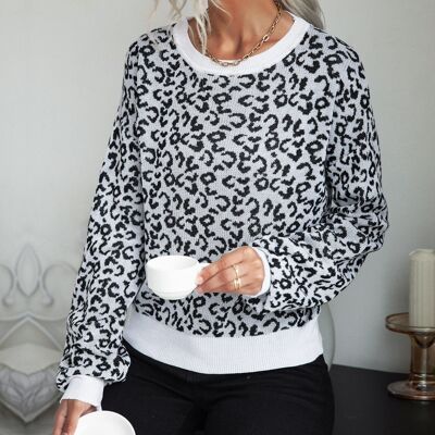 Leopard Print Contrast Trim Sweater-Gray