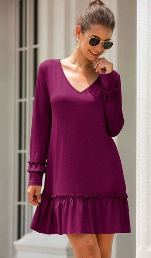 V Neck Ruffle Hem Dress-Fuchsia