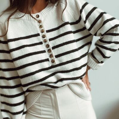 Faux Button Striped Sweater-White
